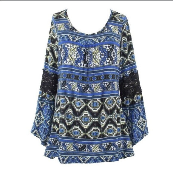 Hannah Tops - Hannah Boho Print Lace Bell Sleeve Women’s Top,‎ Large